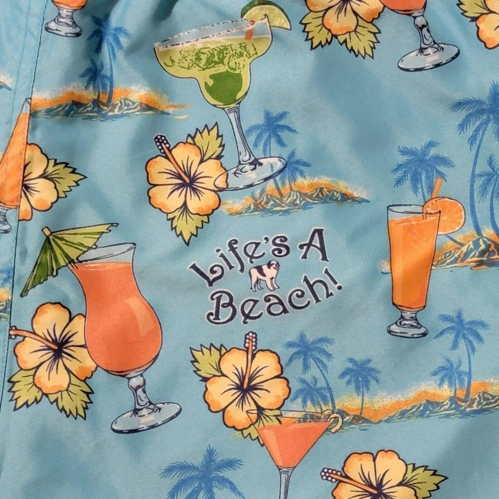 VTG 90s Big Dogs Swim Trunks Mens L Lifes A Beach Tropical Drinks Hibiscus